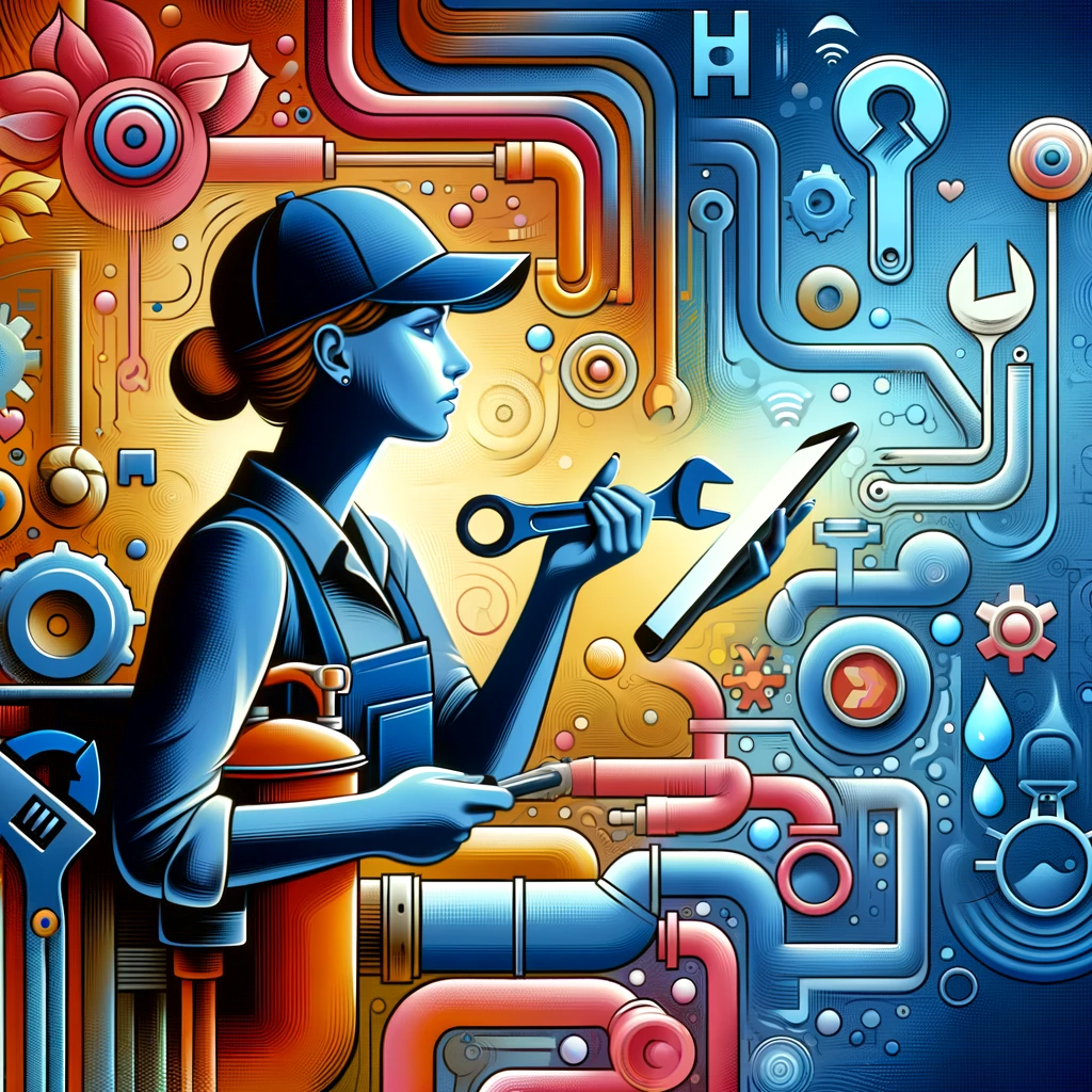 DALL·E 2024 01 26 23.57.15 An abstract conceptual artwork depicting a female plumber more prominently working on digital backlinks for her website with a smartphone included. | Charmat Method