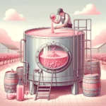 DALL·E 2024 02 07 22.09.30 An illustration of the wine fermentation process in a tank but with an emphasis on a rose colored hue to reflect a rose wine. A winemaker is depicted | Charmat Method