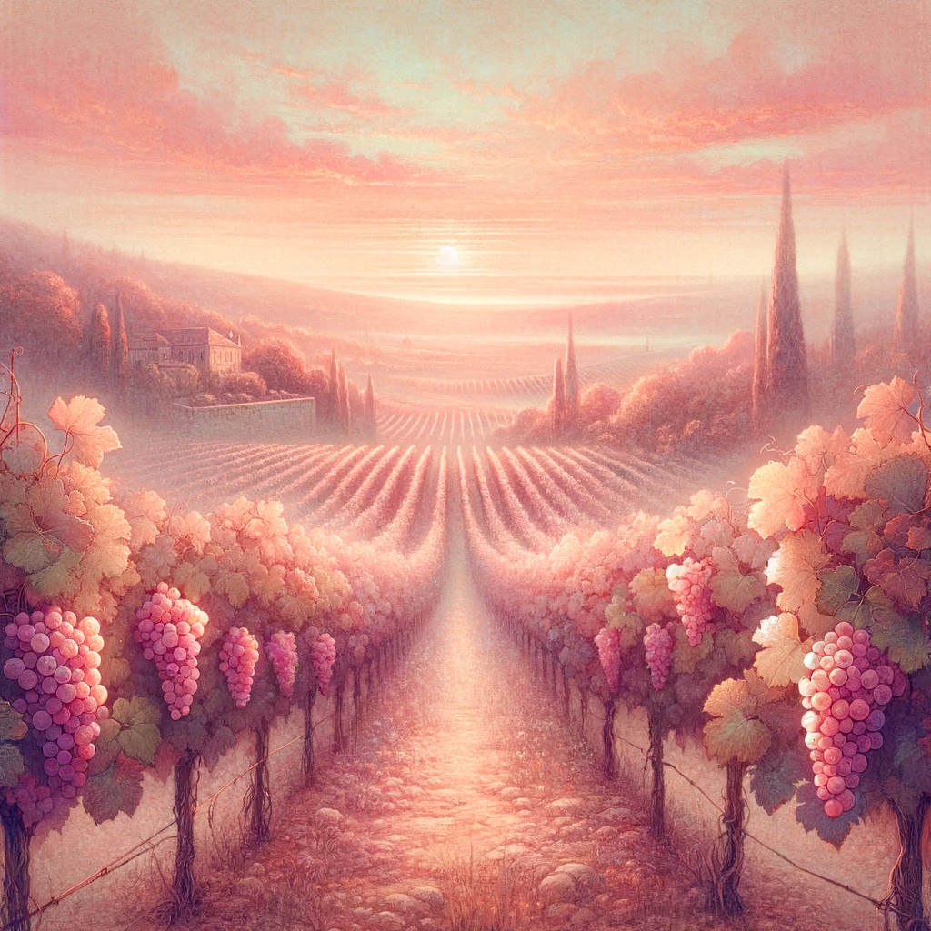 DALL·E 2024 02 07 22.13.43 An illustration of a vineyard pre harvest with a dreamy rose tinted ambiance that evokes the essence of rose wine. The vineyard is bathed in the soft | Charmat Method