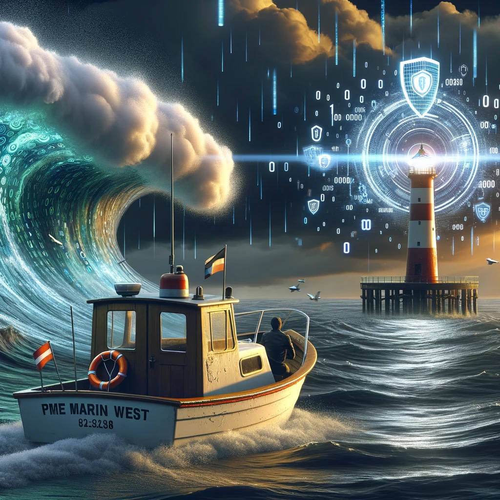 DALL·E 2024 03 04 17.49.03 A small pleasure boat in a calm sea suddenly encounters a storm symbolizing a cyberattack. The storm clouds are digitally stylized to represent the di | Charmat Method