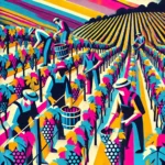 DALL·E 2024 09 04 22.57.49 A wine harvest scene with a pop art aesthetic featuring a diverse mix of women and men workers. The characters are inclusive showing different body | Charmat Method