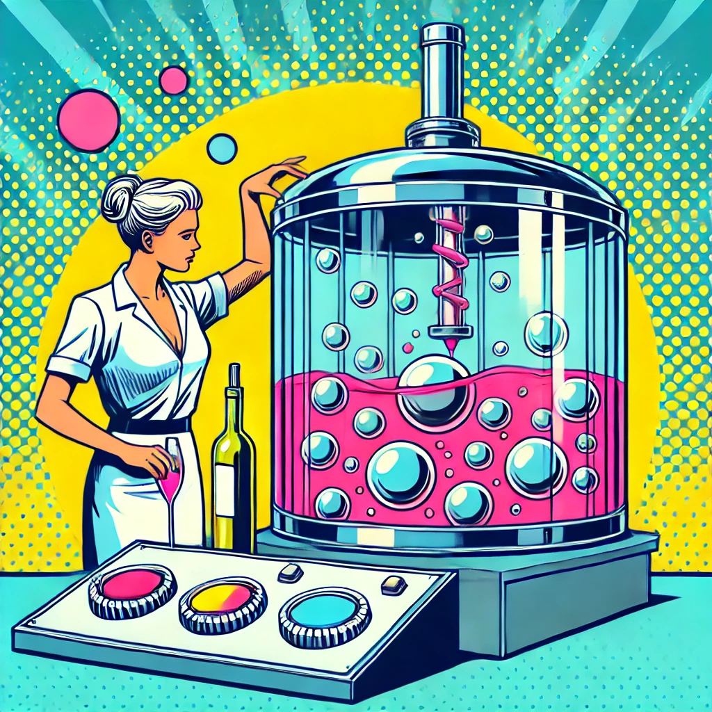 DALL·E 2024 09 04 23.16.21 A depiction of the Charmat method wine fermentation process inside a tank designed in a pop art aesthetic with a modern twist. The female winemaker | Charmat Method